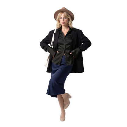 Sunoire women s skinny fit button long sleeve solid breathable washable business shirt polyester satin turtleneck spring autumn daily colorway black front hero 01
