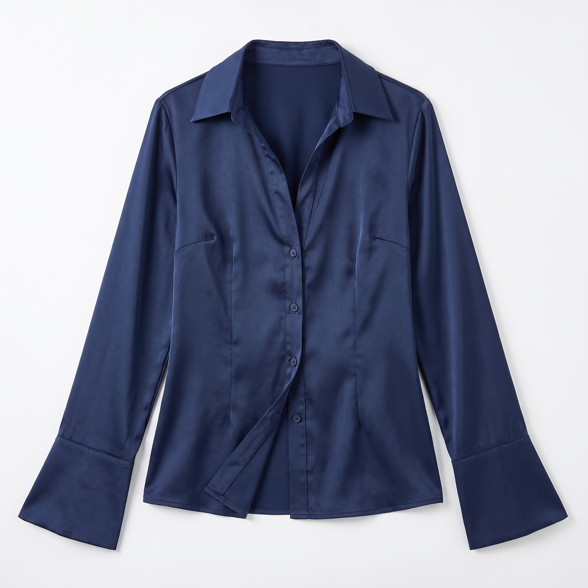 Sunoire women s skinny fit button long sleeve solid breathable washable business shirt polyester satin turtleneck spring autumn daily garment flatlay 01