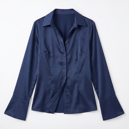 Sunoire women s skinny fit button long sleeve solid breathable washable business shirt polyester satin turtleneck spring autumn daily garment flatlay 01