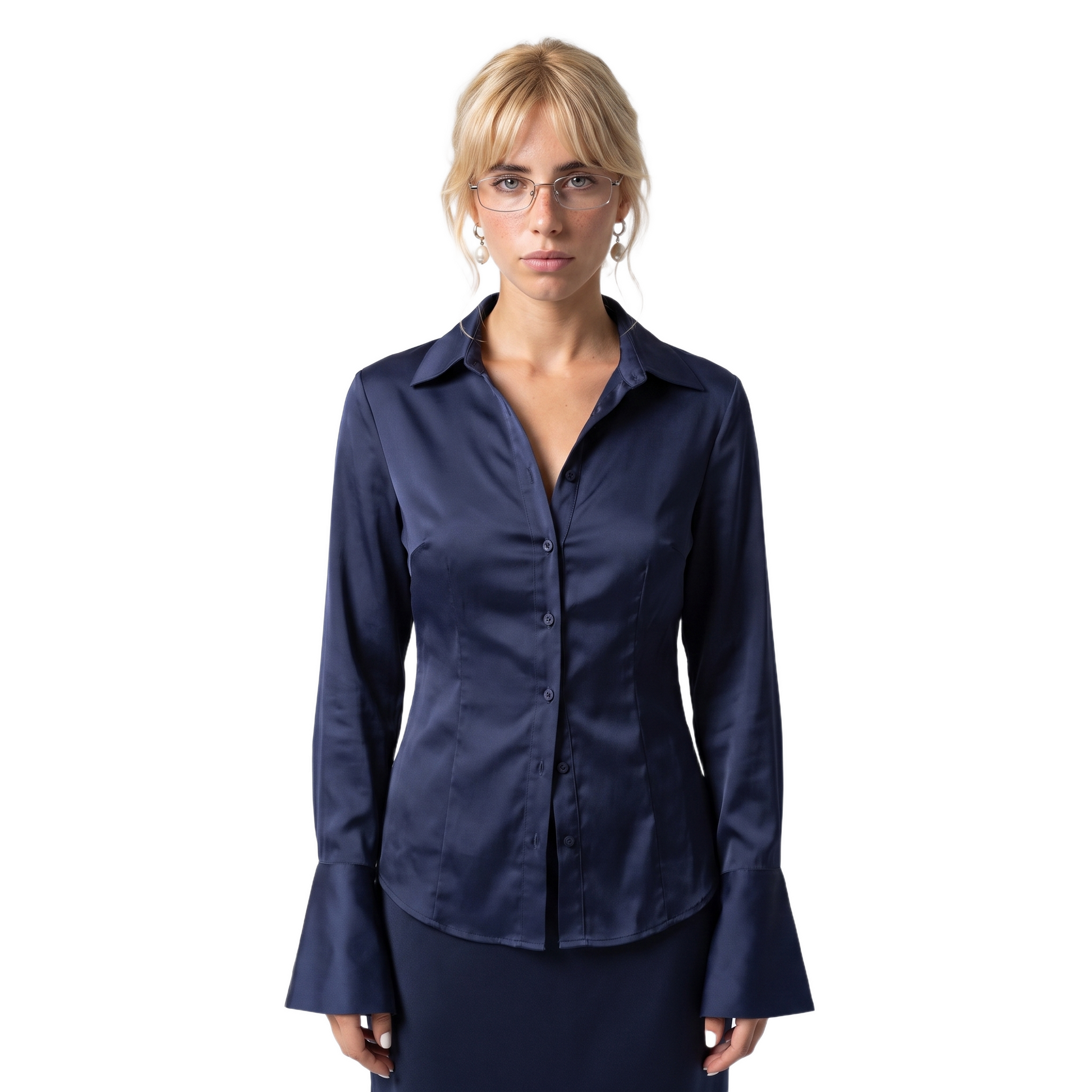 Sunoire women s skinny fit button long sleeve solid breathable washable business shirt polyester satin turtleneck spring autumn daily top front crop 01