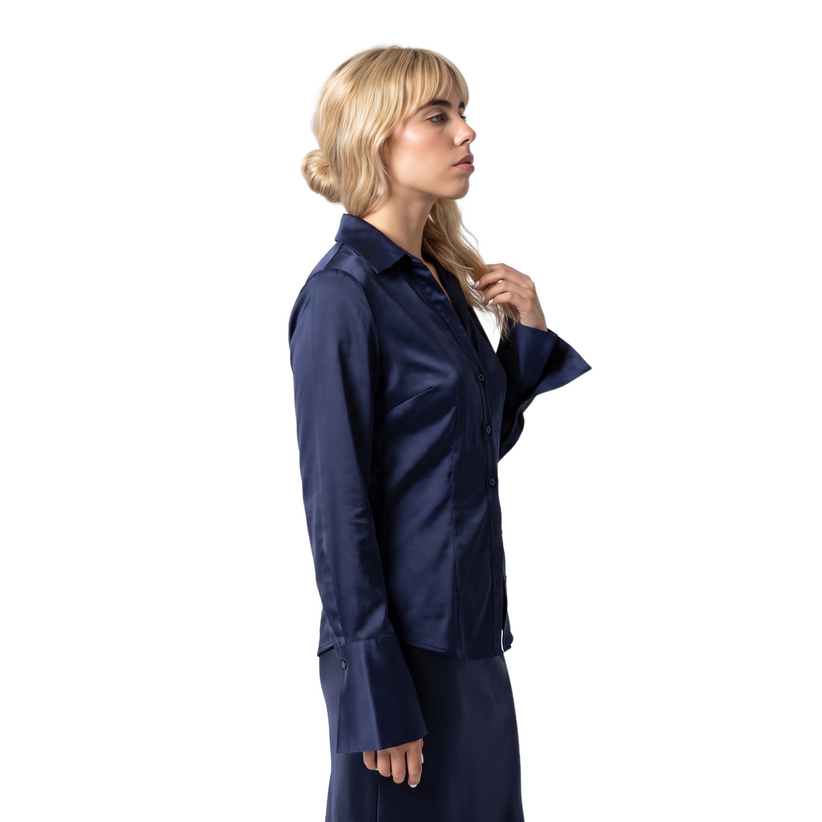 Sunoire women s skinny fit button long sleeve solid breathable washable business shirt polyester satin turtleneck spring autumn daily top side crop 01