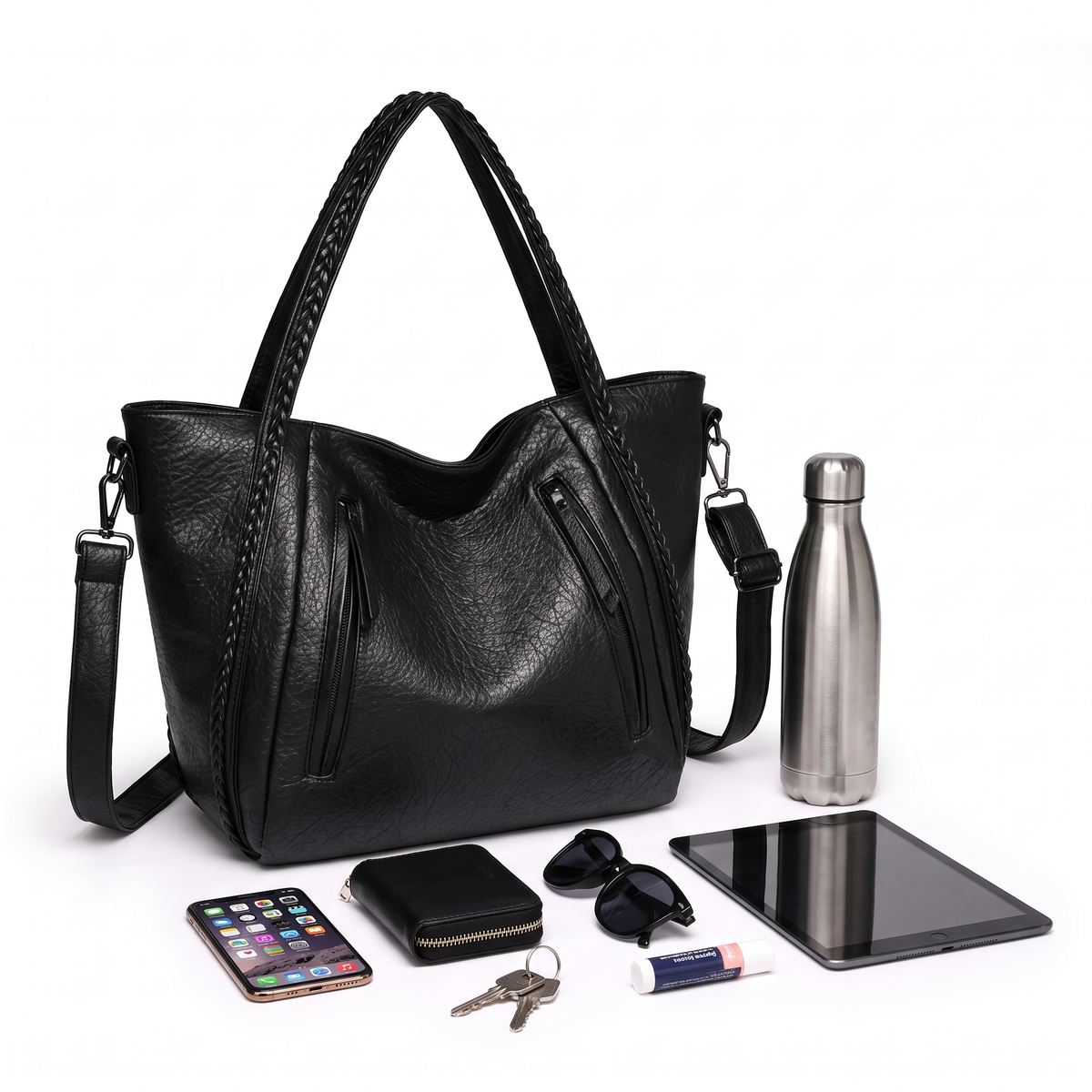Women's Slouchy Faux Leather Tote Bag, what fits inside