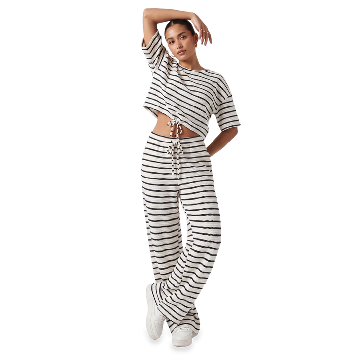 Sunoire striped crop top wide leg pants set front hero 01