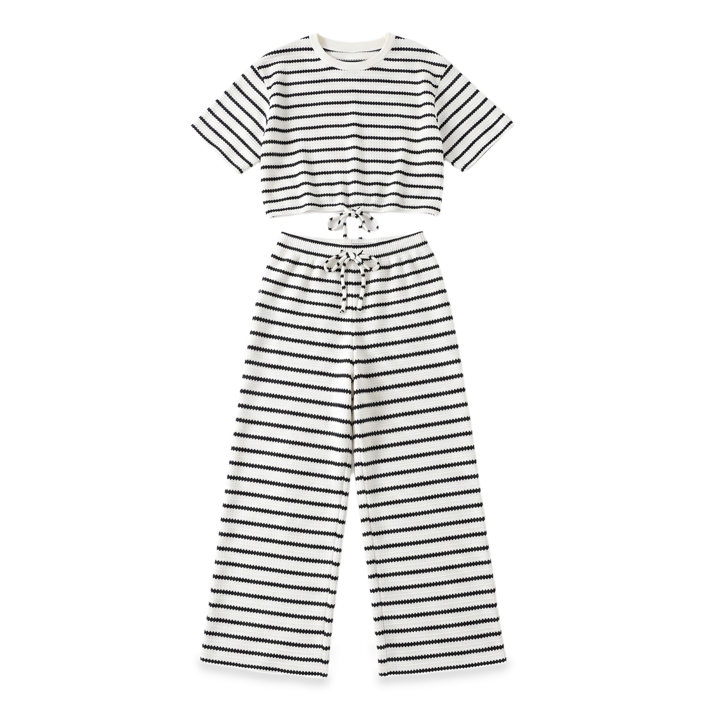Sunoire striped crop top wide leg pants set garment flatlay 01