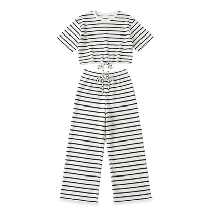 Sunoire striped crop top wide leg pants set garment flatlay 01