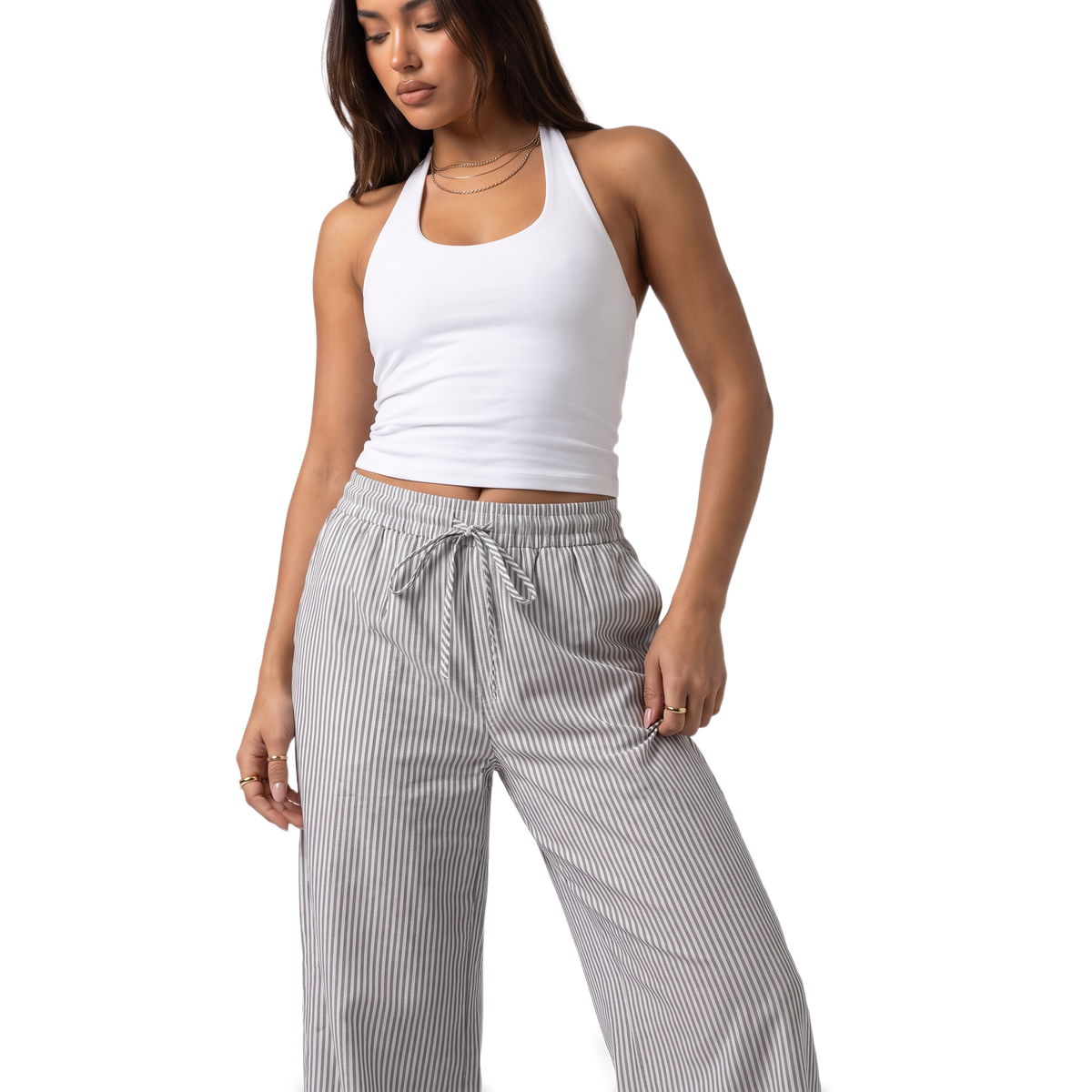 Sunoire pink stripe drawstring wide leg pants colorway gray front crop 01