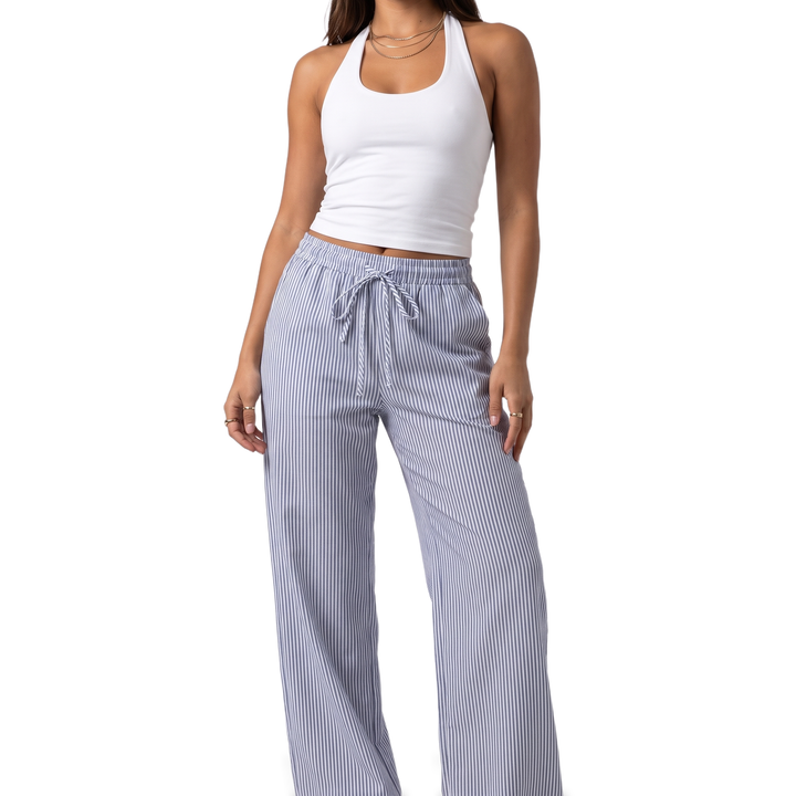 Sunoire pink stripe drawstring wide leg pants colorway slate blue front crop 01