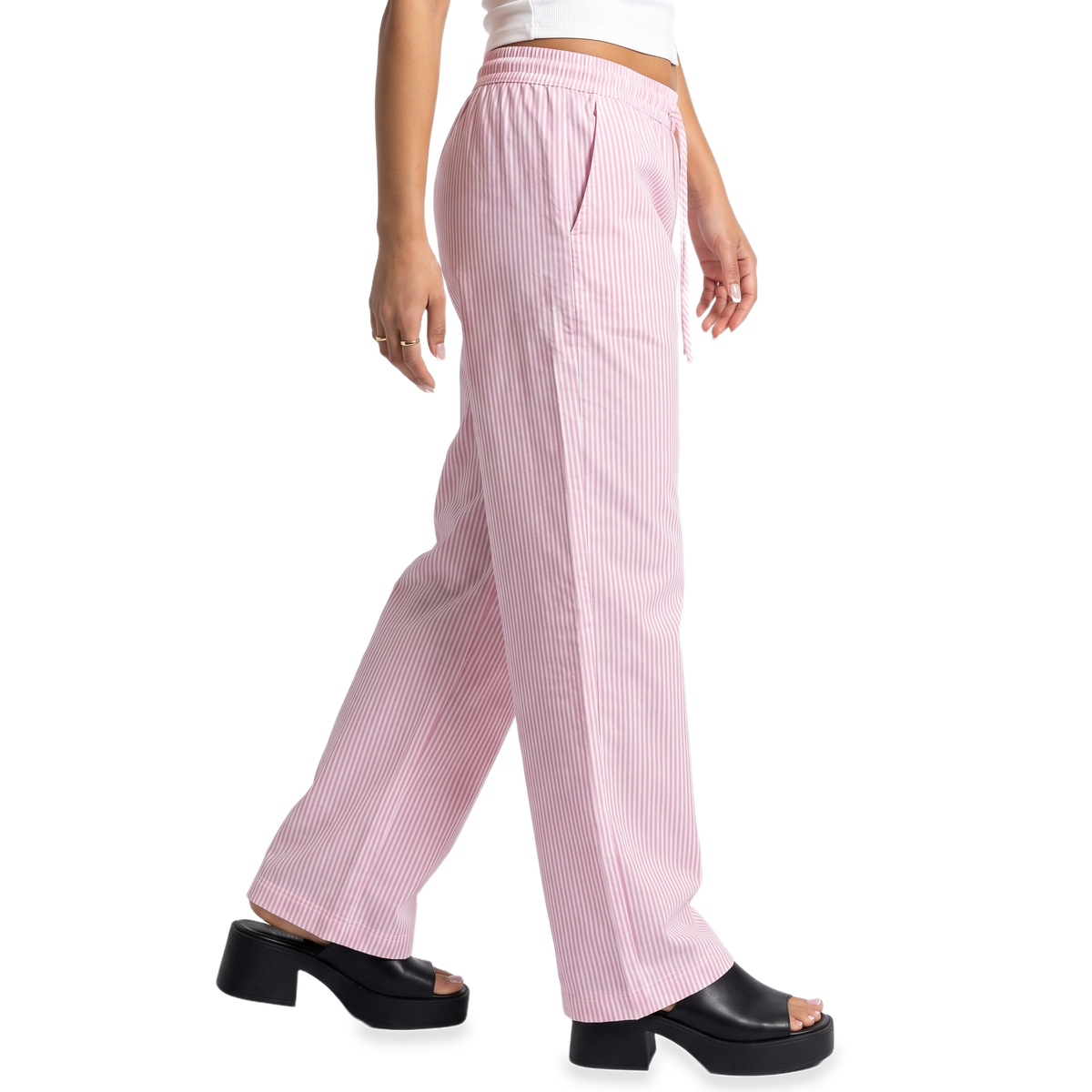 Sunoire pink stripe drawstring wide leg pants bottom side crop 01