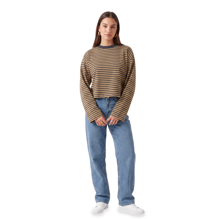 Sunoire striped contrast collar crop top colorway mustard stripes front crop 01