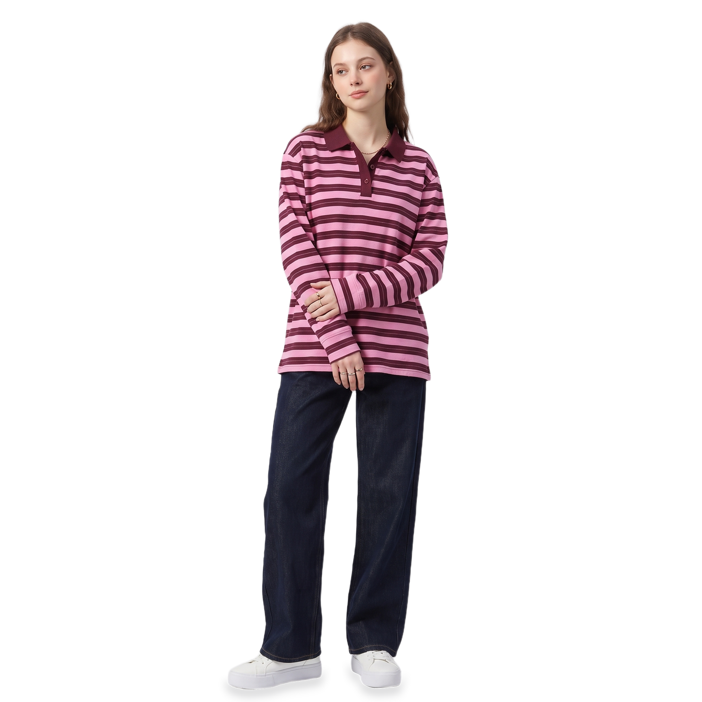 Sunoire striped polo oversized top colorway pink burgundy stripe front crop 01