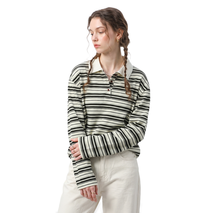 Sunoire striped polo oversized top top crop 3q 01