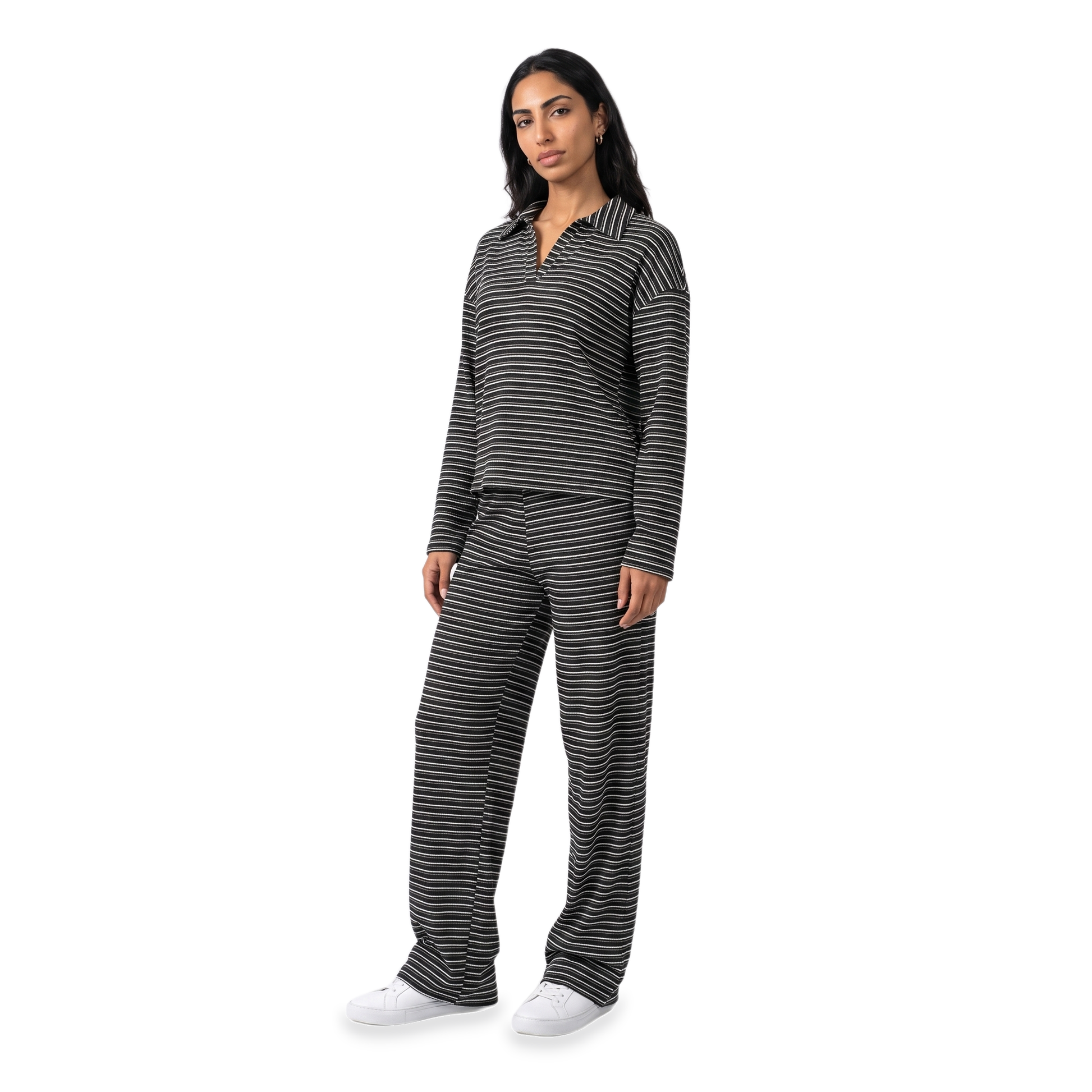 Sunoire striped collared lounge set three quarter 01