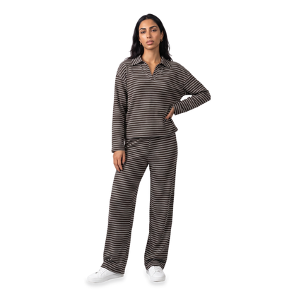 Sunoire striped collared lounge set colorway brown front hero 01