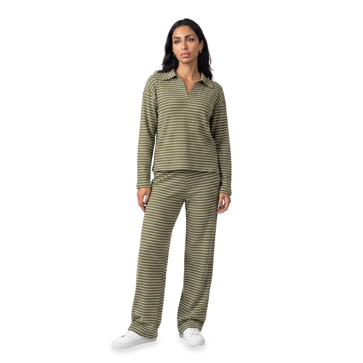 Sunoire striped collared lounge set colorway green front hero 01