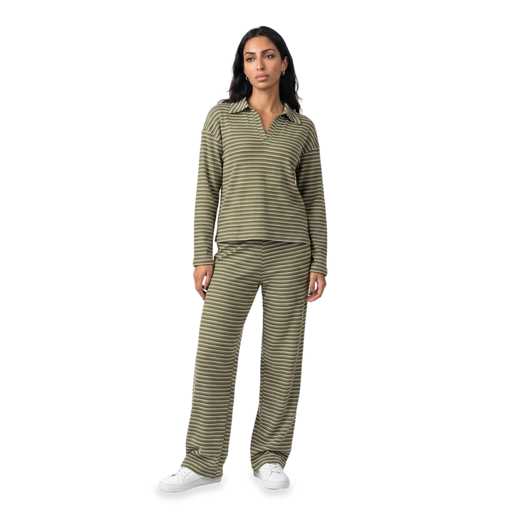 Women's Stripe Ribbed Knit Set – Black Casual Lounge — Green