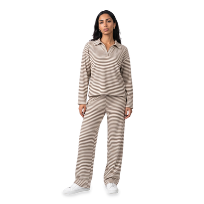 Sunoire striped collared lounge set colorway tan front hero 01