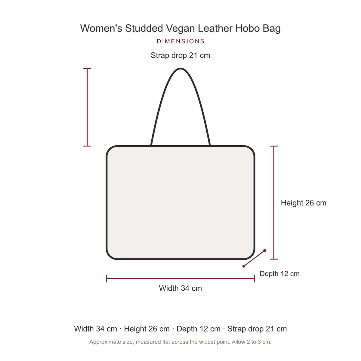 Women's Studded Vegan Leather Hobo Bag, dimensions