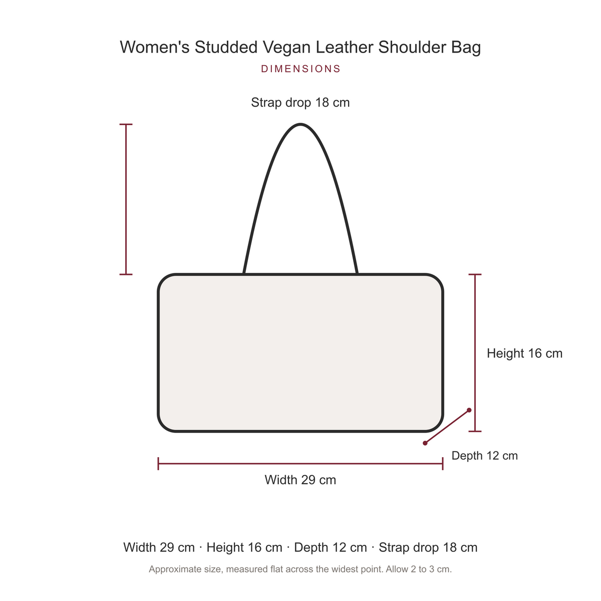 Women's Studded Vegan Leather Shoulder Bag, dimensions