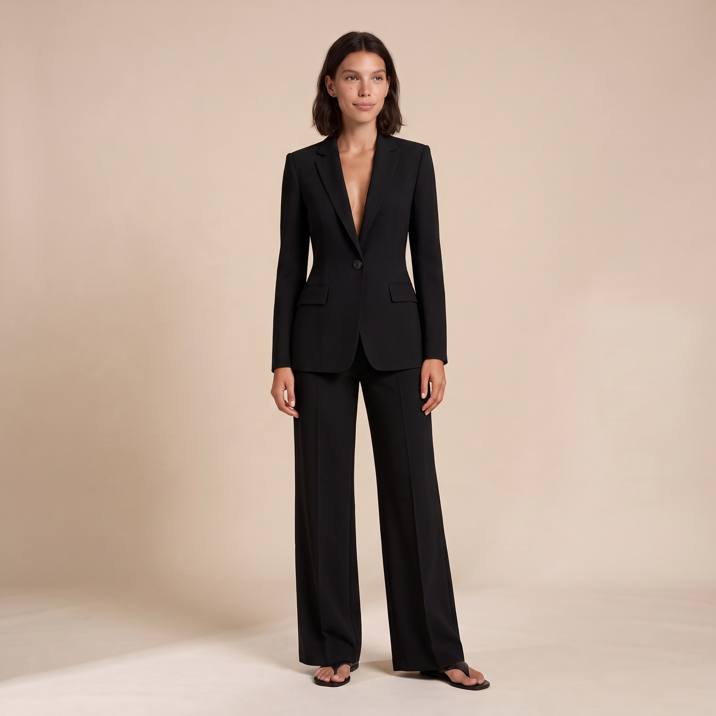 Sunoire women s tailored blazer and wide leg trousers set smart occasion style colorway black front hero 01