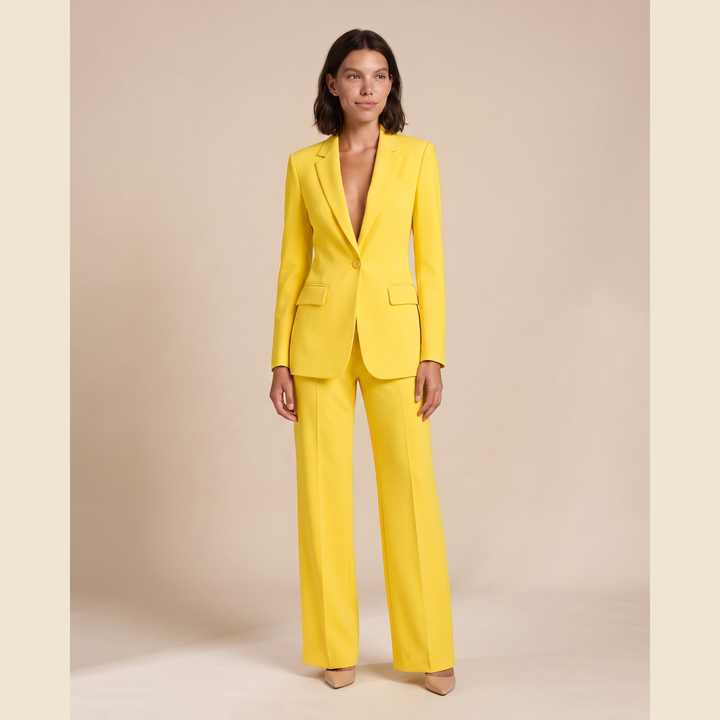 Cynzia Ivory V-Neck Pants Set — Yellow