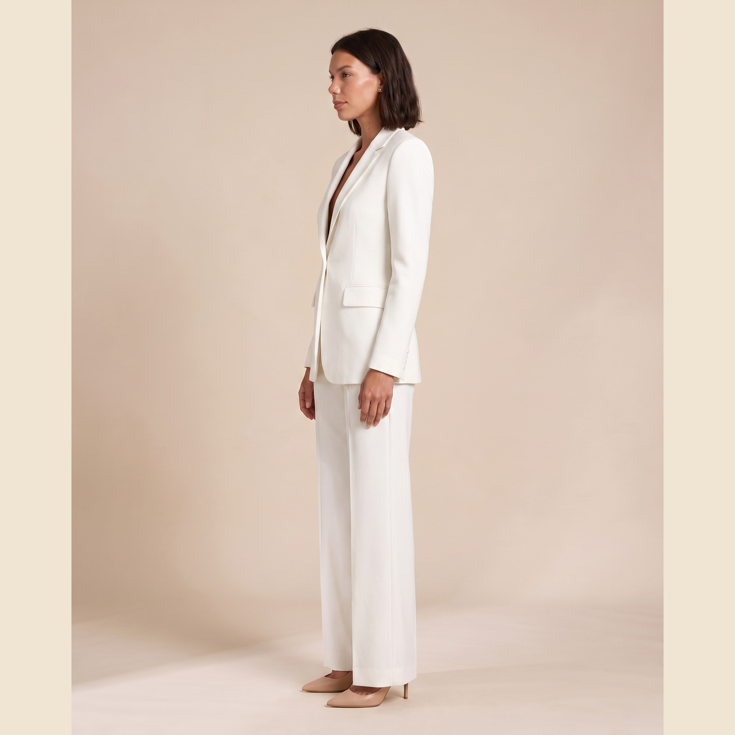 Sunoire women s tailored blazer and wide leg trousers set smart occasion style side view 01