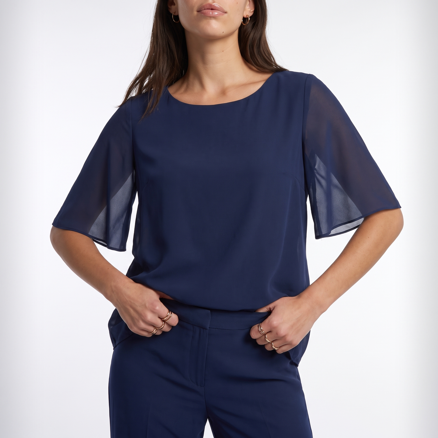 Sunoire women s top and trousers set with layered top and straight legs detail crop 01