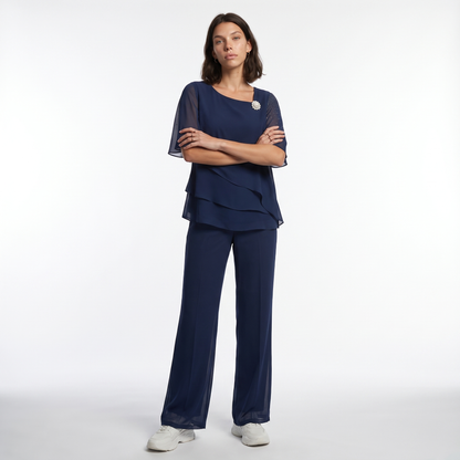 Sunoire women s top and trousers set with layered top and straight legs front hero 01