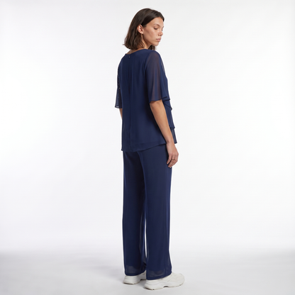 Sunoire women s top and trousers set with layered top and straight legs three quarter 01