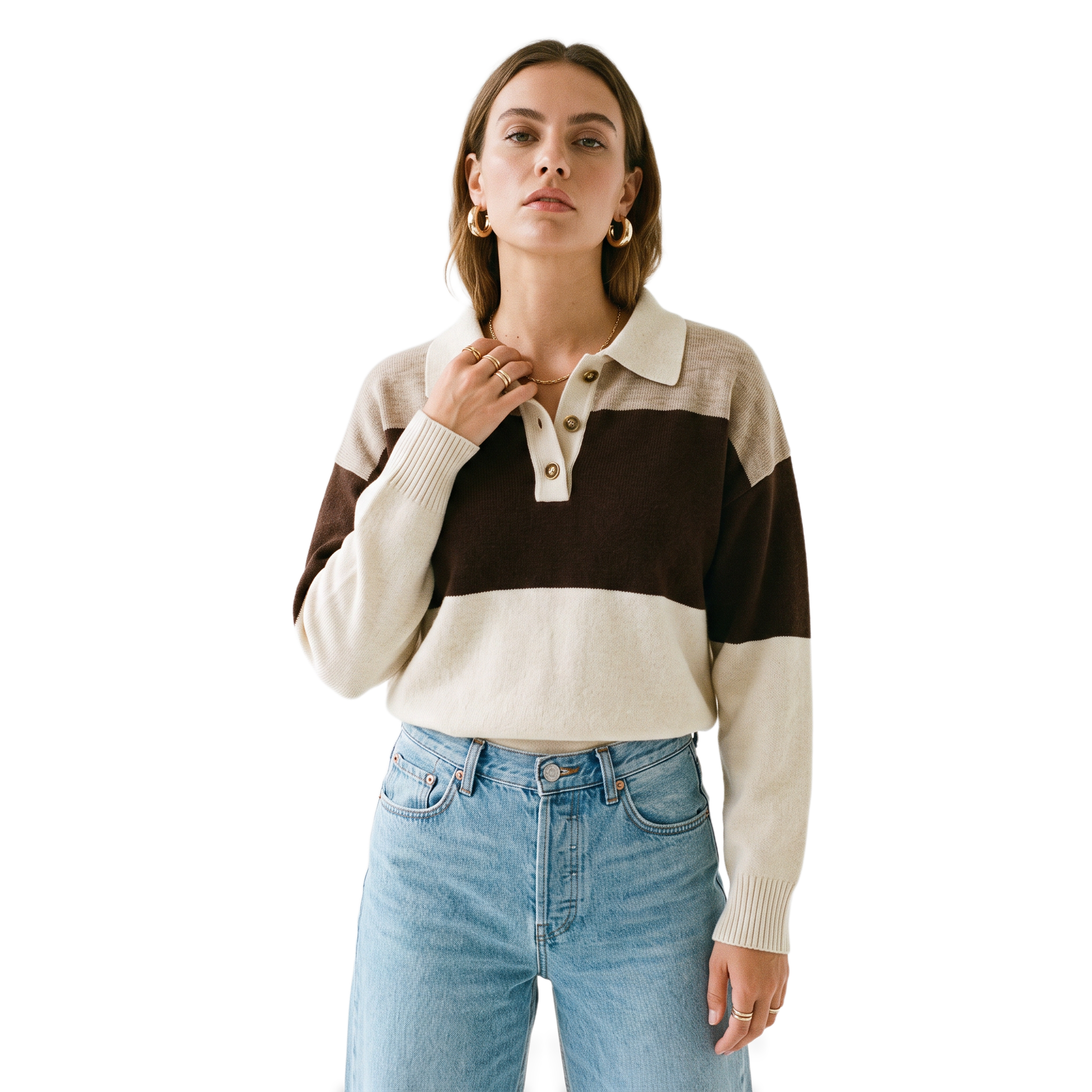 Sunoire brown colorblock polo collar sweater top front crop 01