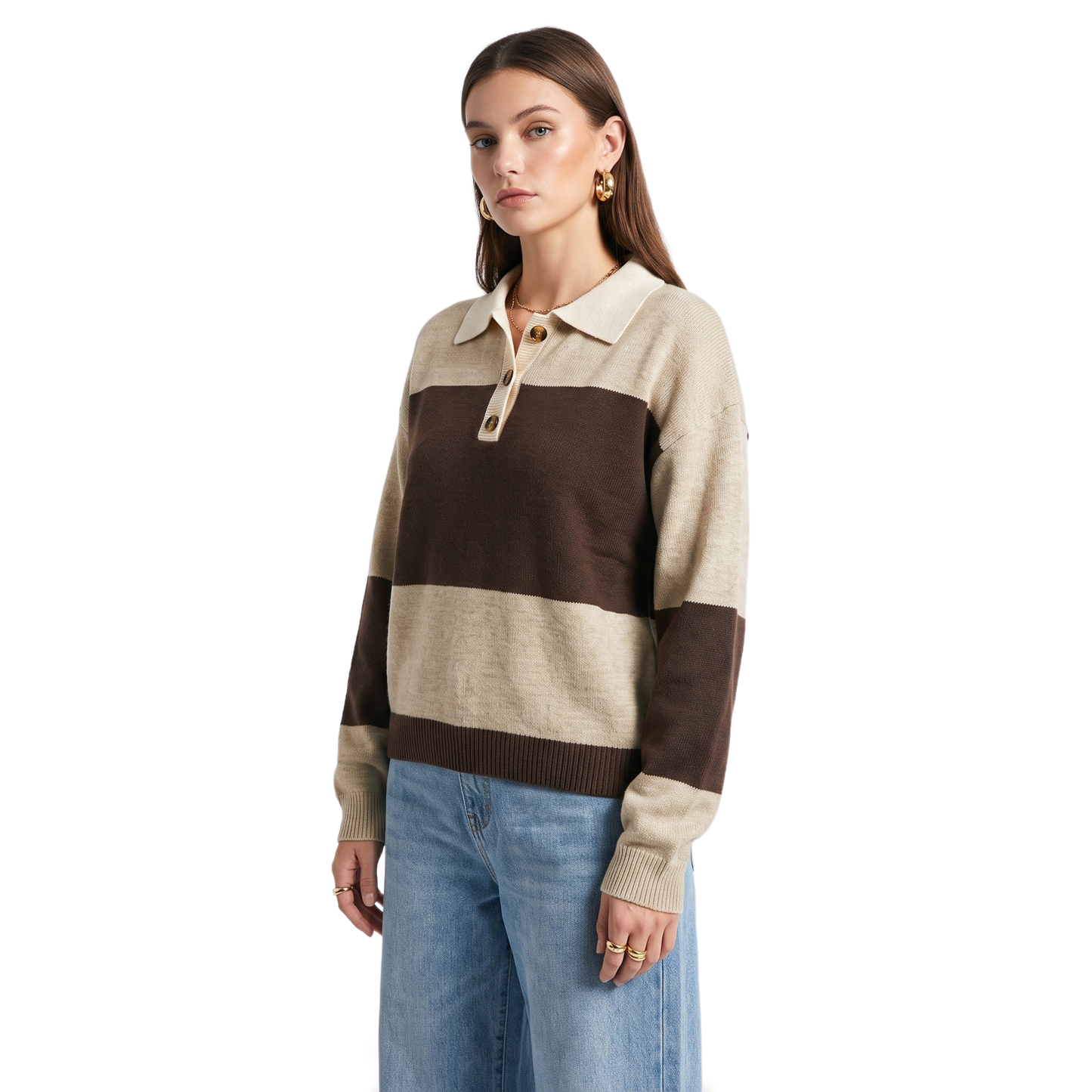 Sunoire brown colorblock polo collar sweater top crop 3q 01