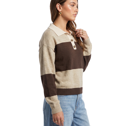 Sunoire brown colorblock polo collar sweater top side crop 01
