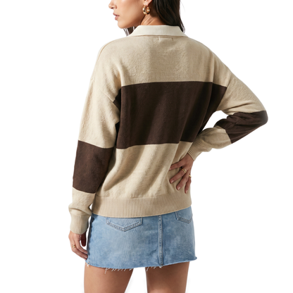 Sunoire brown colorblock polo collar sweater top back crop 01