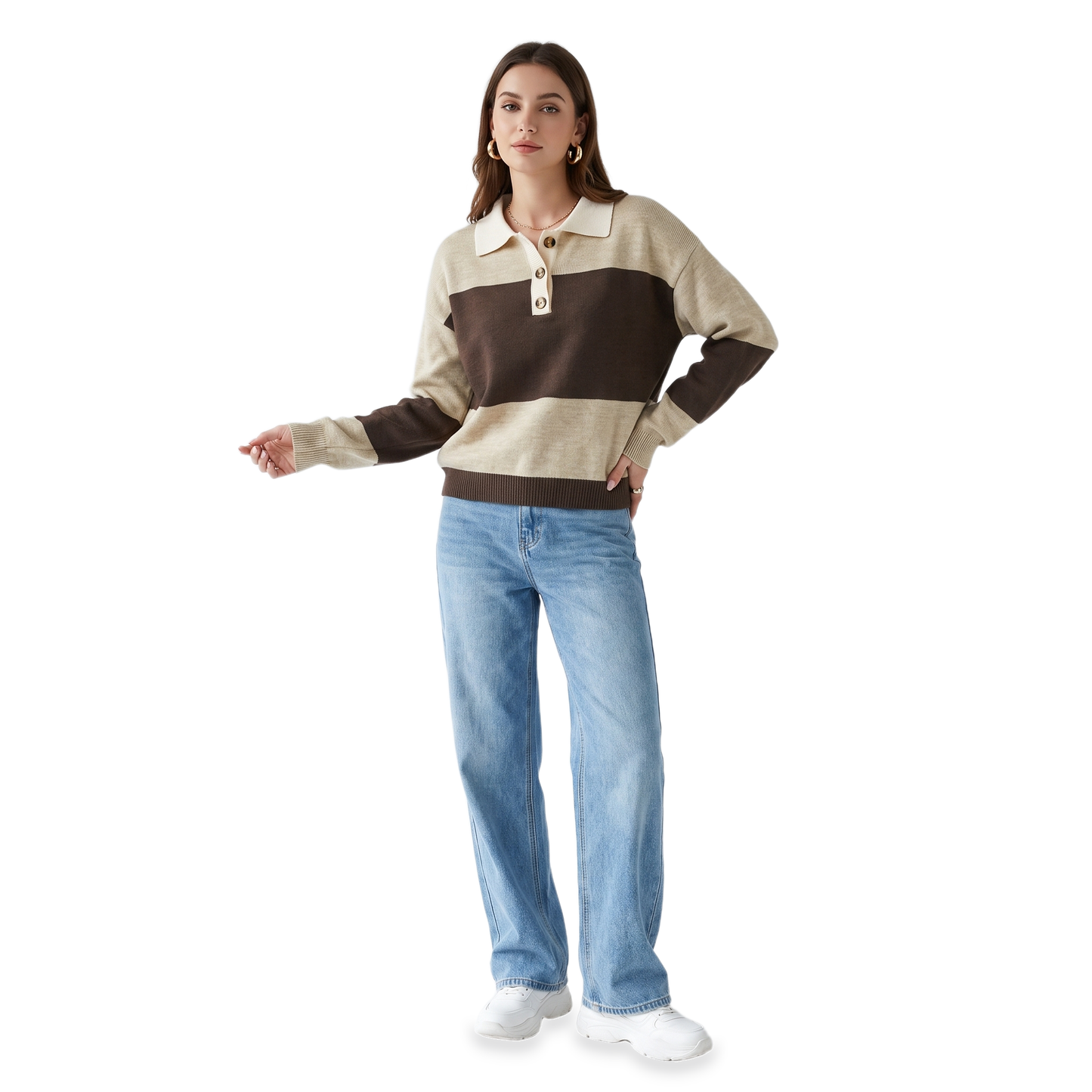 Sunoire brown colorblock polo collar sweater front hero 01