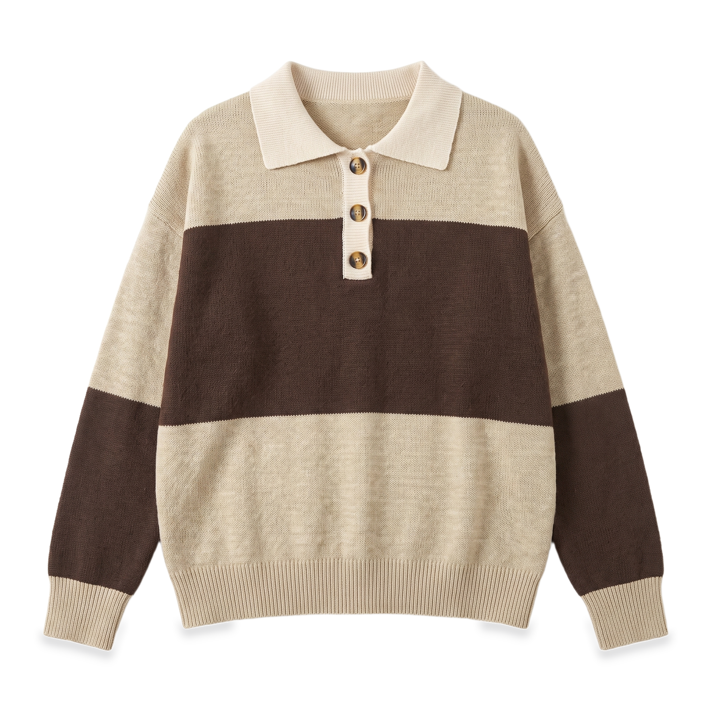 Sunoire brown colorblock polo collar sweater garment flatlay 01