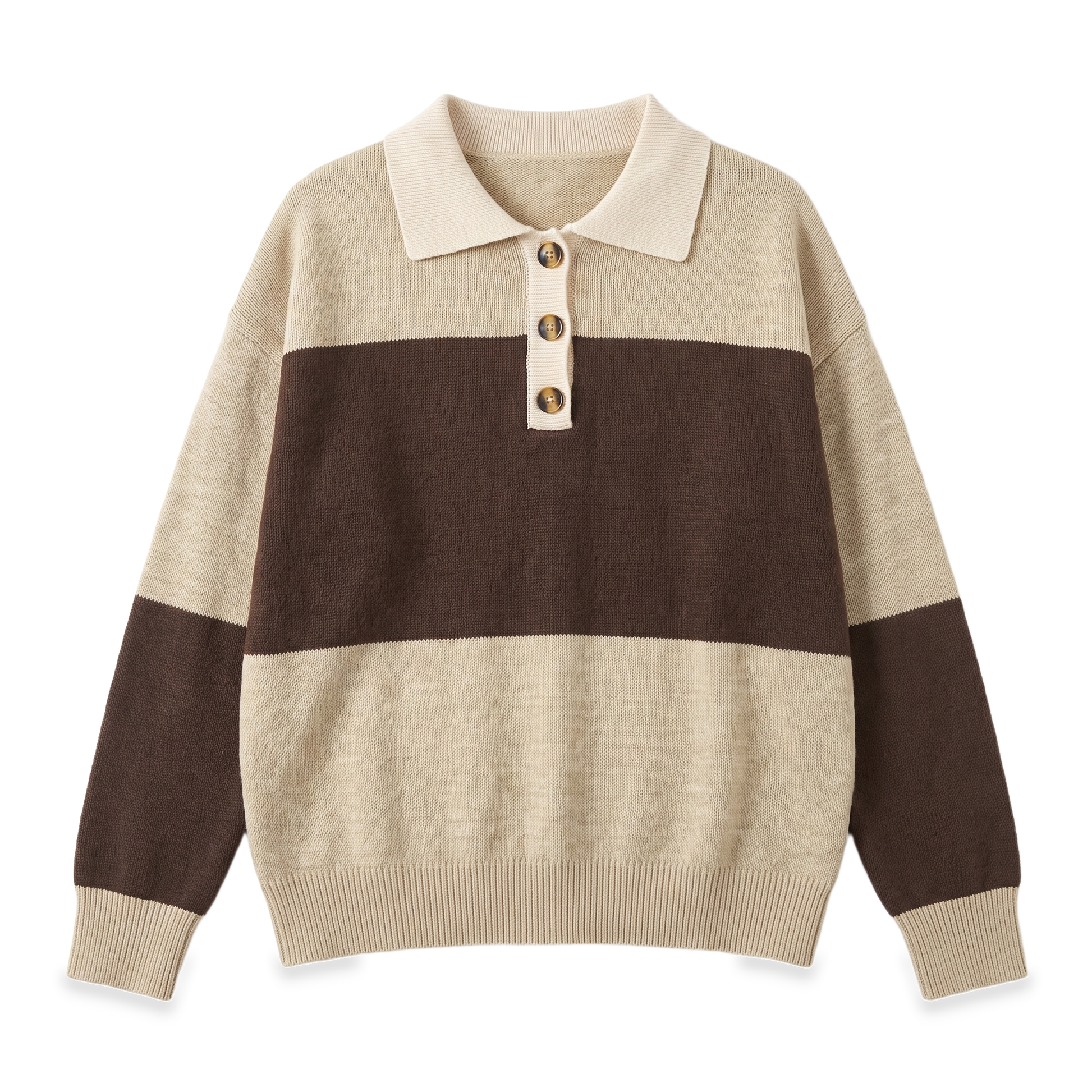 Sunoire brown colorblock polo collar sweater garment flatlay 01