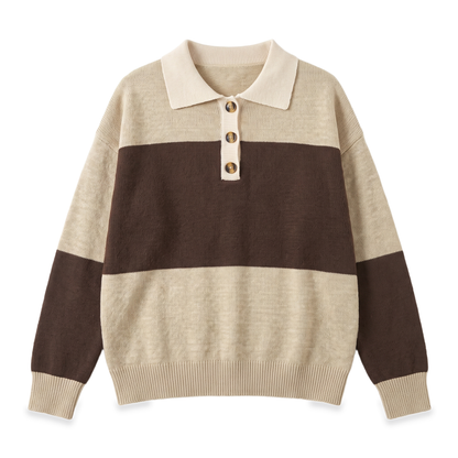 Sunoire brown colorblock polo collar sweater garment flatlay 01