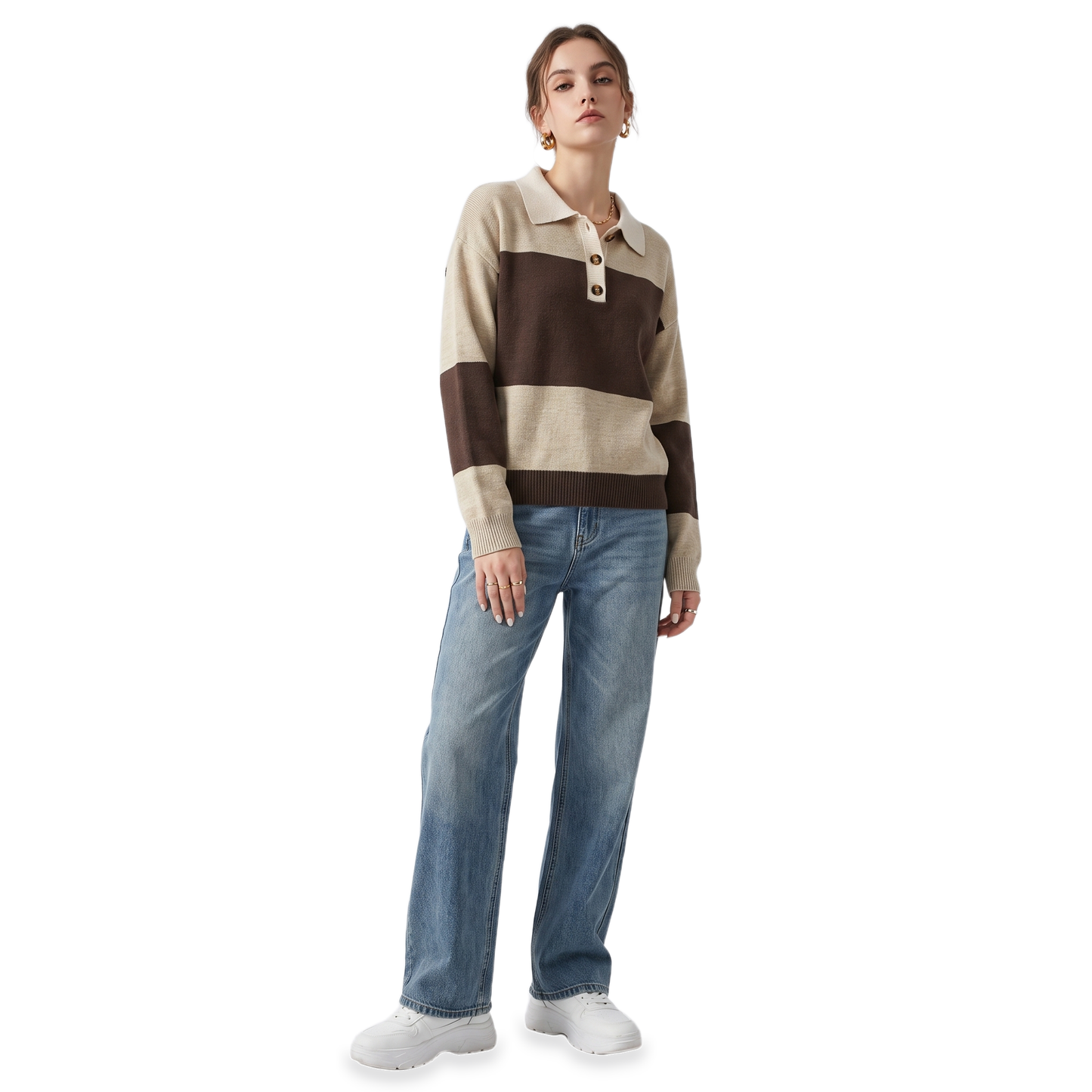 Sunoire brown colorblock polo collar sweater three quarter 01