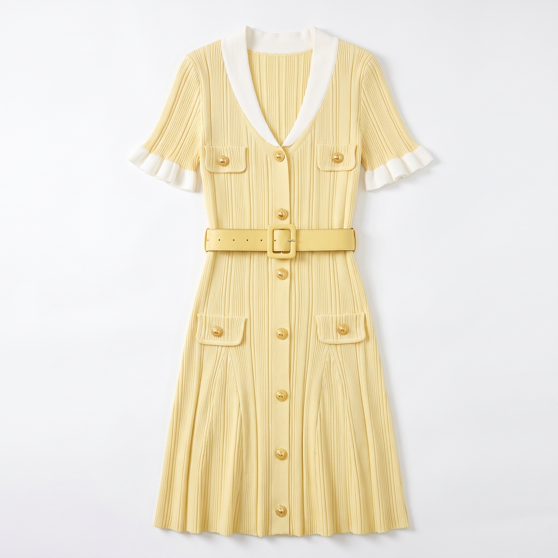 Sunoire women s turndown collar short sleeve knitted mini dress fashion slimming waist shaping metal buckle decoration belt dresses garment flatlay 01
