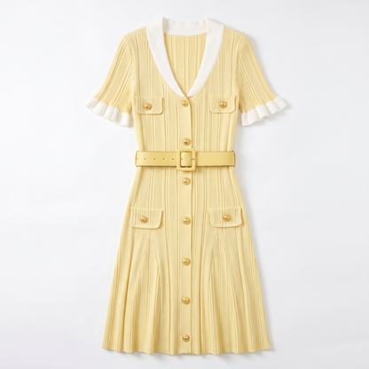 Sunoire women s turndown collar short sleeve knitted mini dress fashion slimming waist shaping metal buckle decoration belt dresses garment flatlay 01