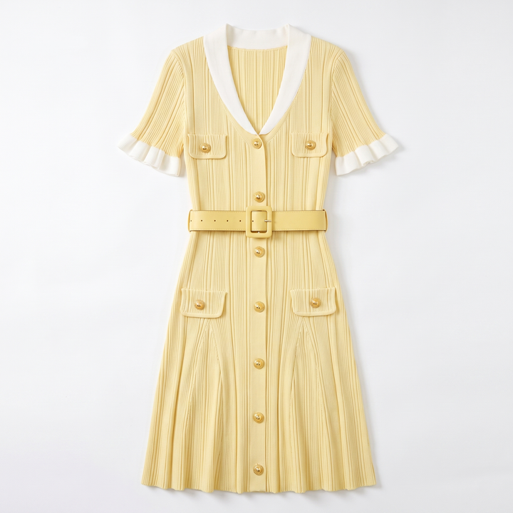 Sunoire women s turndown collar short sleeve knitted mini dress fashion slimming waist shaping metal buckle decoration belt dresses garment flatlay 01