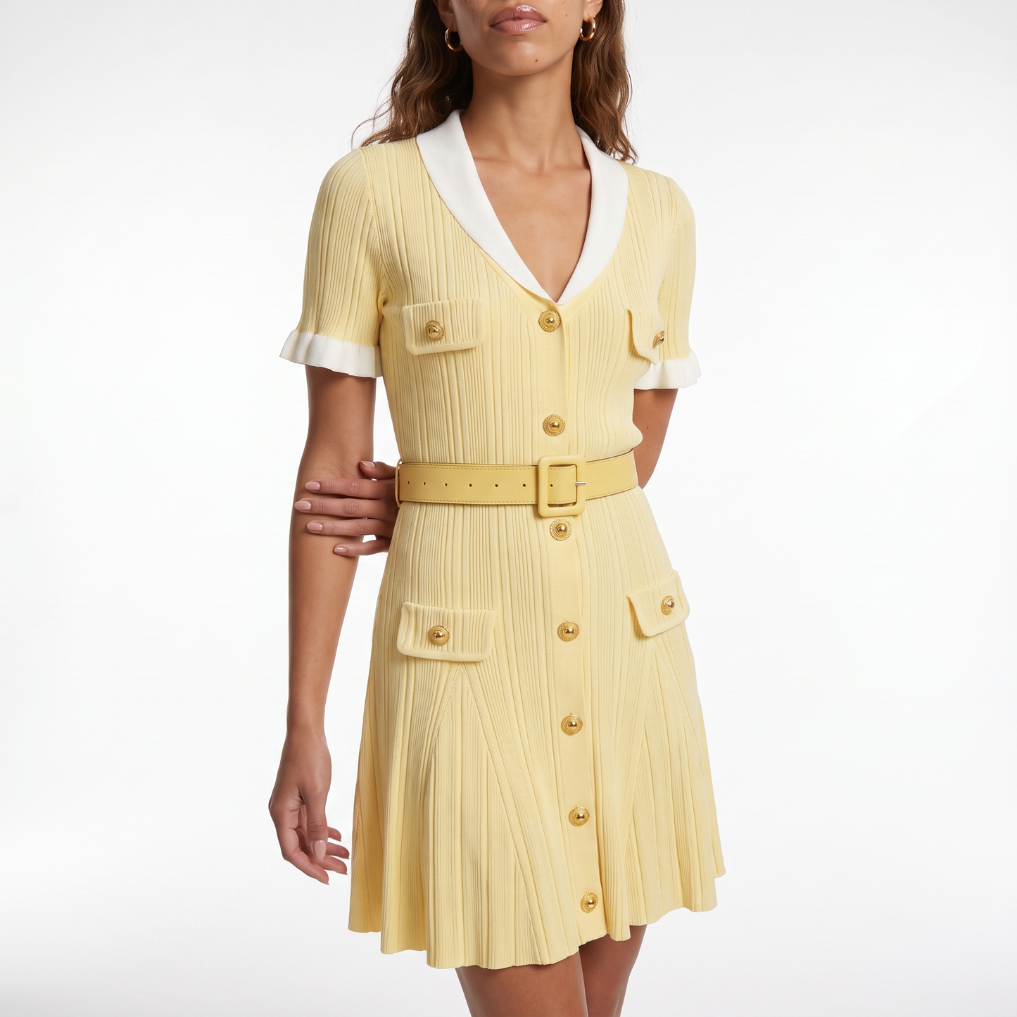 Sunoire women s turndown collar short sleeve knitted mini dress fashion slimming waist shaping metal buckle decoration belt dresses torso crop 01