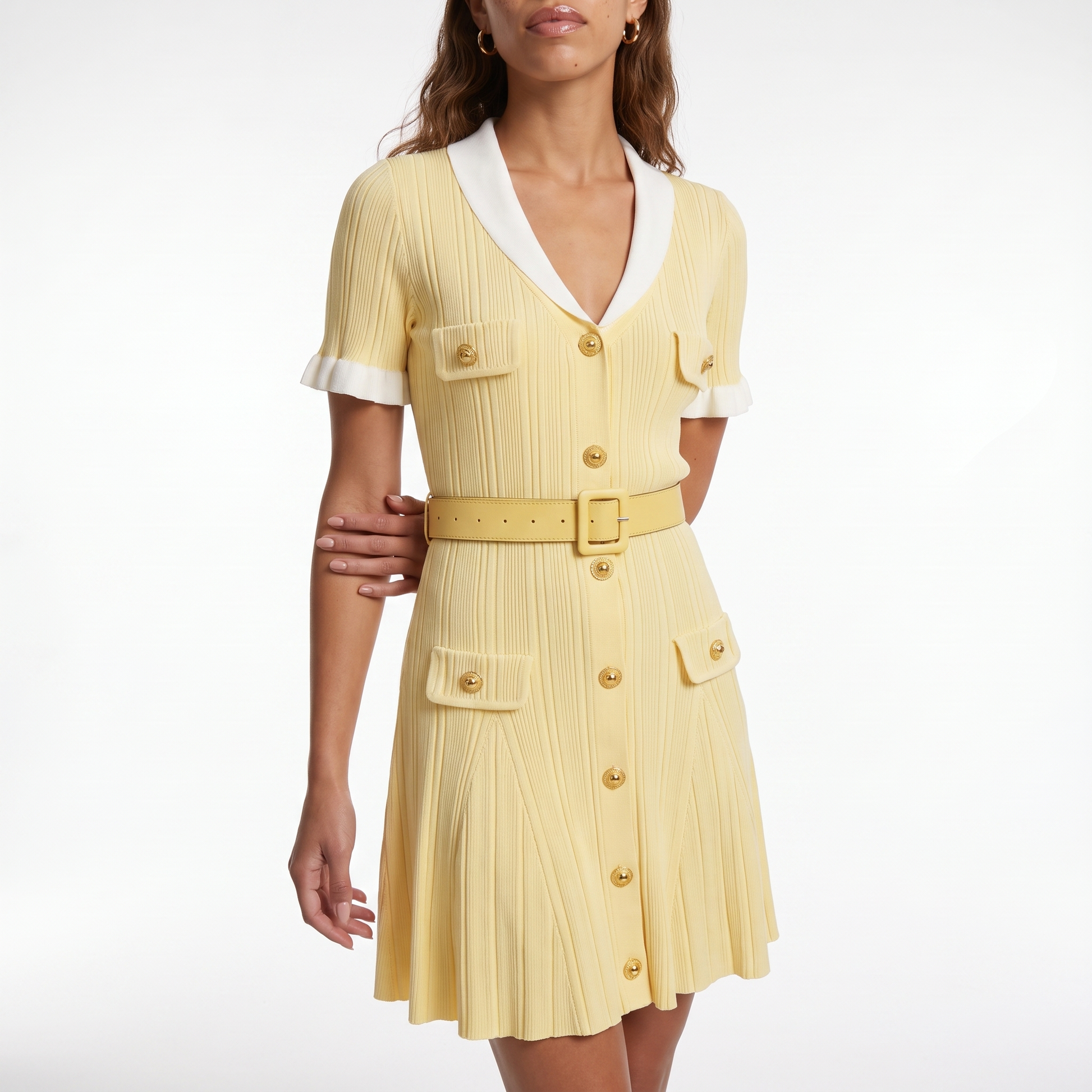 Sunoire women s turndown collar short sleeve knitted mini dress fashion slimming waist shaping metal buckle decoration belt dresses torso crop 01