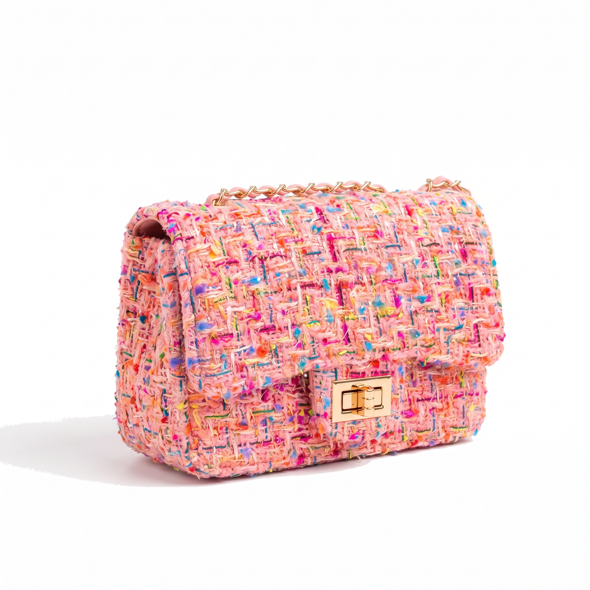 Women's Tweed Chain Flap Shoulder Bag, three-quarter view