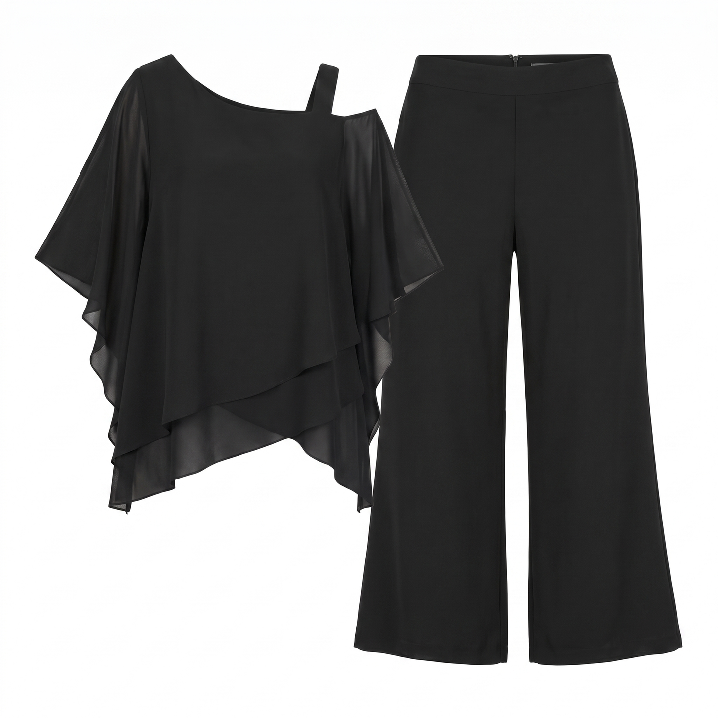 Sunoire women s two piece set with asymmetrical top and wide leg trousers garment flatlay 01