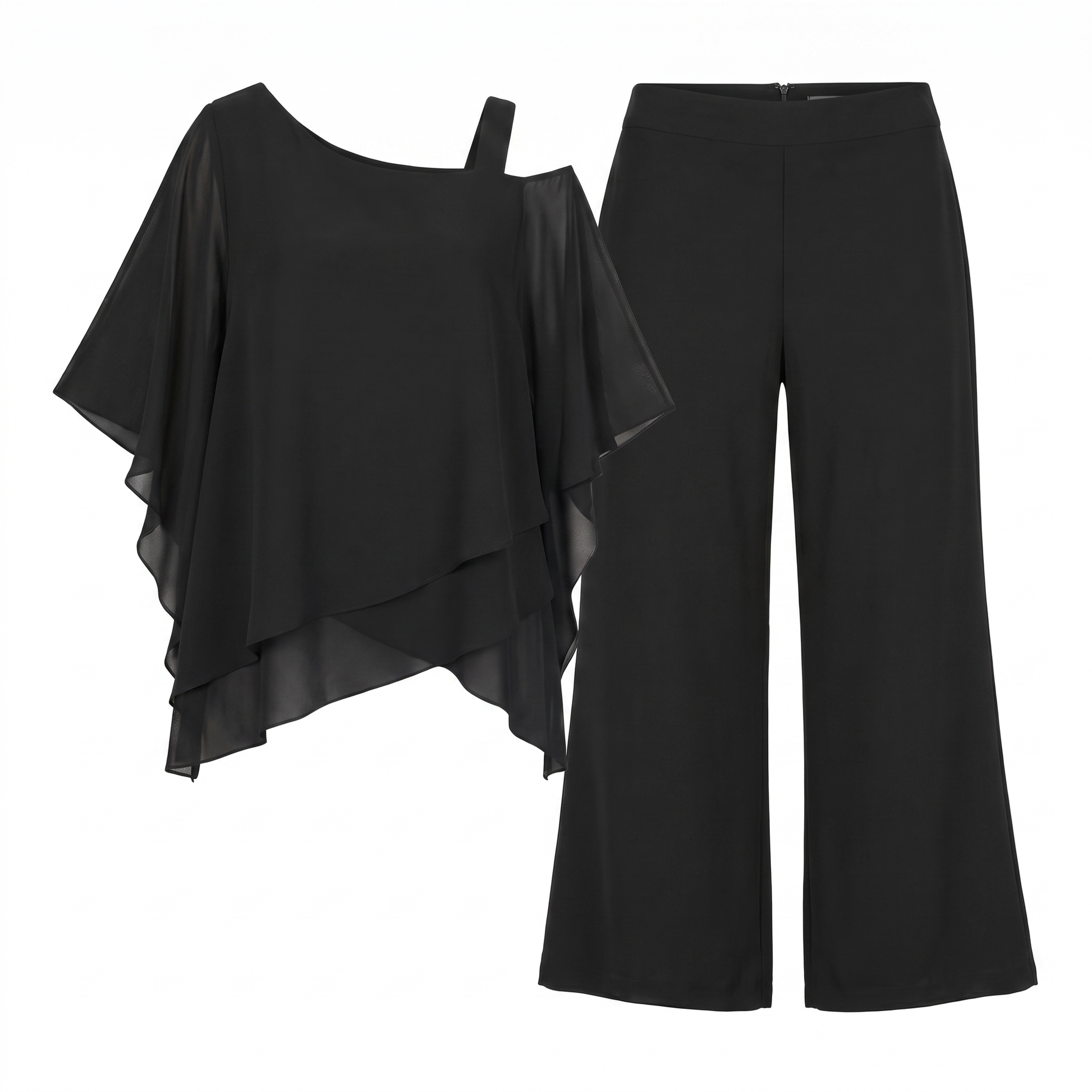 Sunoire women s two piece set with asymmetrical top and wide leg trousers garment flatlay 01