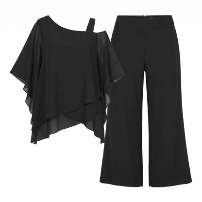 Sunoire women s two piece set with asymmetrical top and wide leg trousers garment flatlay 01