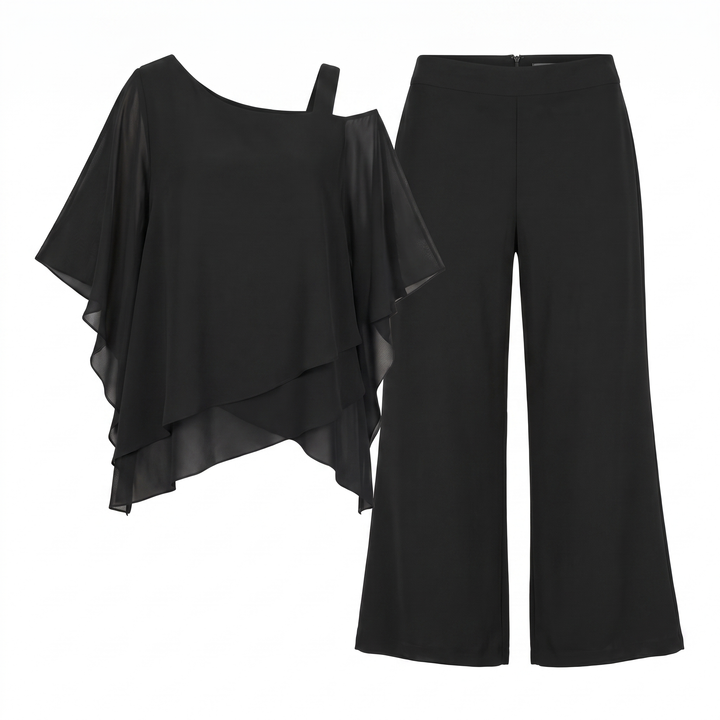 Sunoire women s two piece set with asymmetrical top and wide leg trousers garment flatlay 01