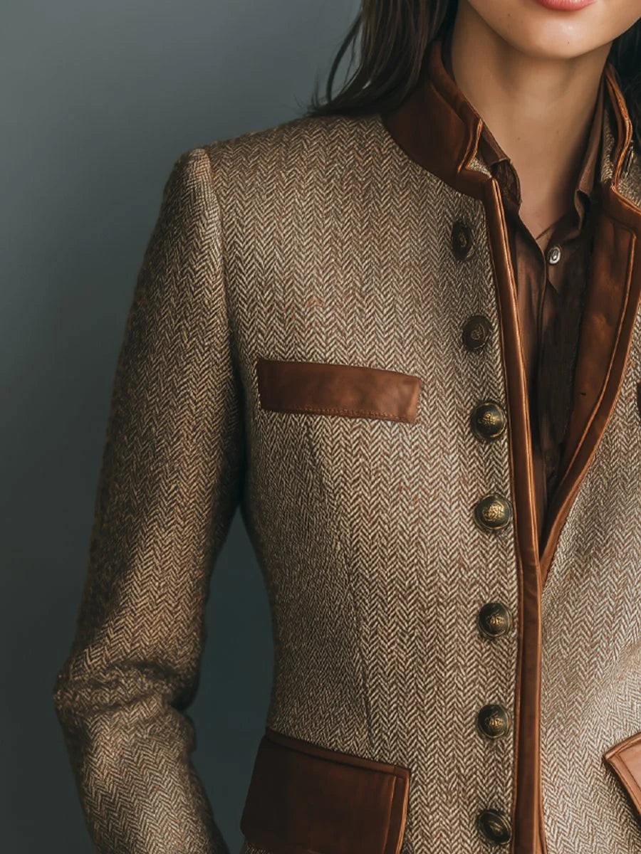 Women's Vintage Herringbone Tweed Leather-Trim Button-Front Jacket in Brown, another view