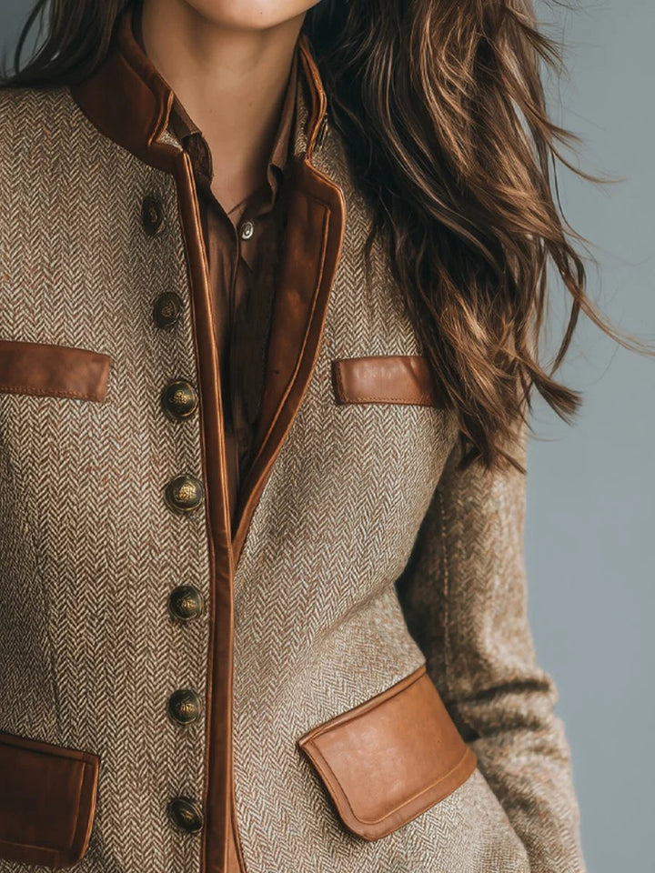 Women's Vintage Herringbone Tweed Leather-Trim Button-Front Jacket in Brown, another view