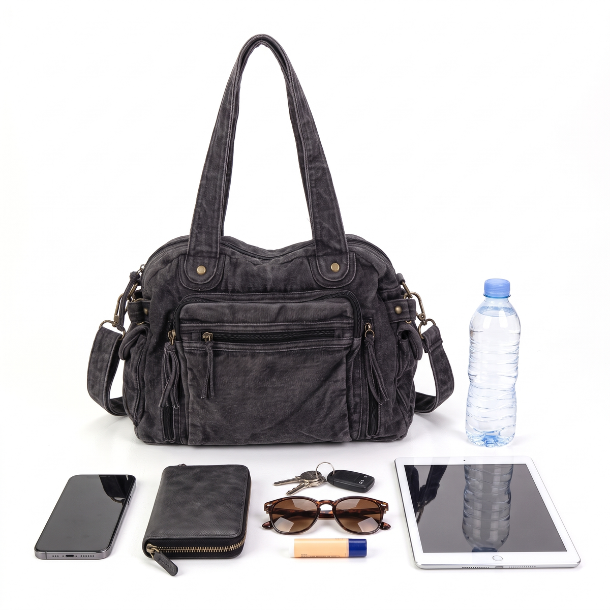 Women's Washed Denim Shoulder Bag, what fits inside